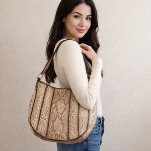 Michael Kors Snakeskin Embossed Hobo Shoulder Bag Cream Brown Studded Leather